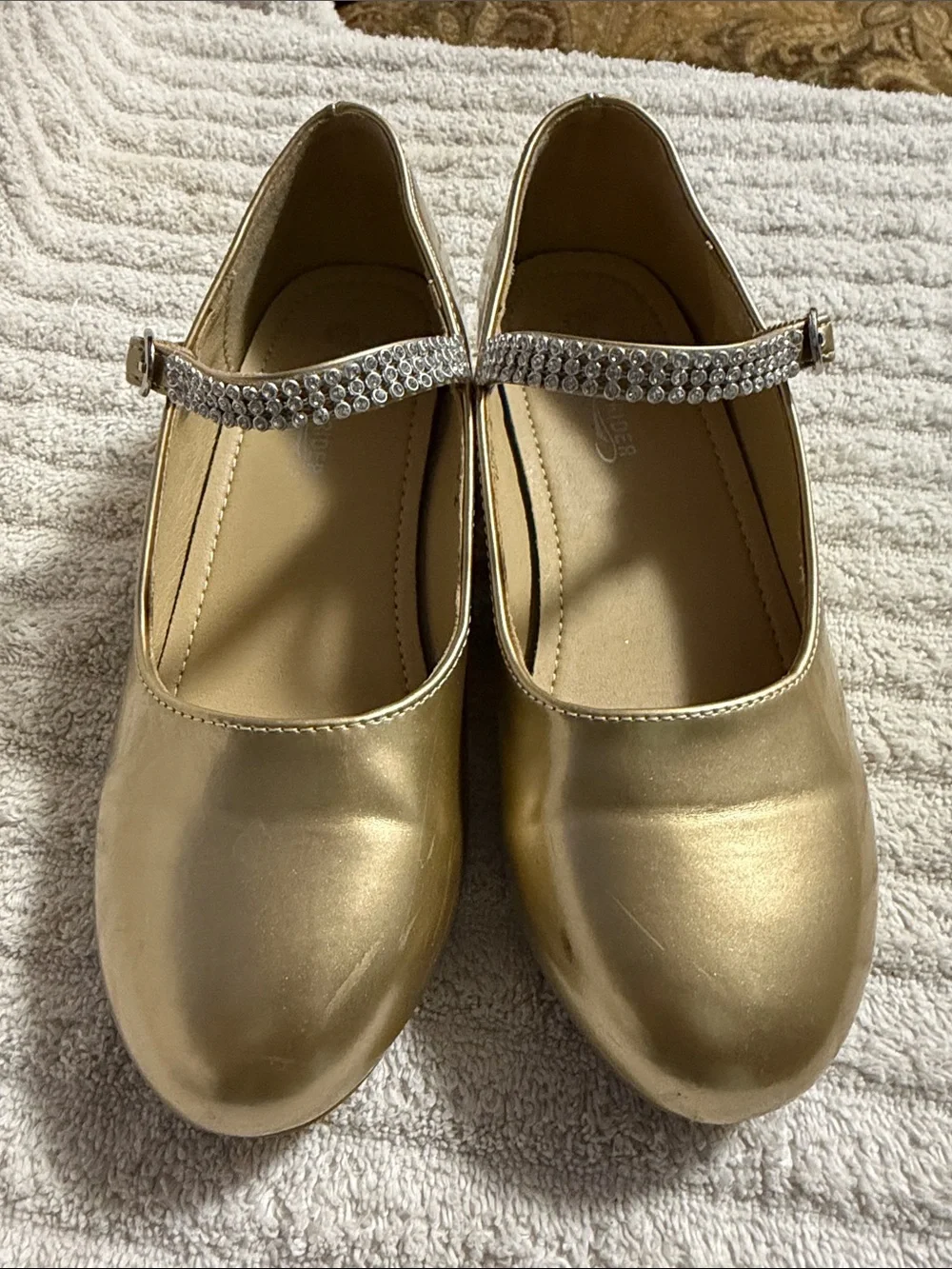Gold Mary Jane Flats with Rhinestone Strap - girls